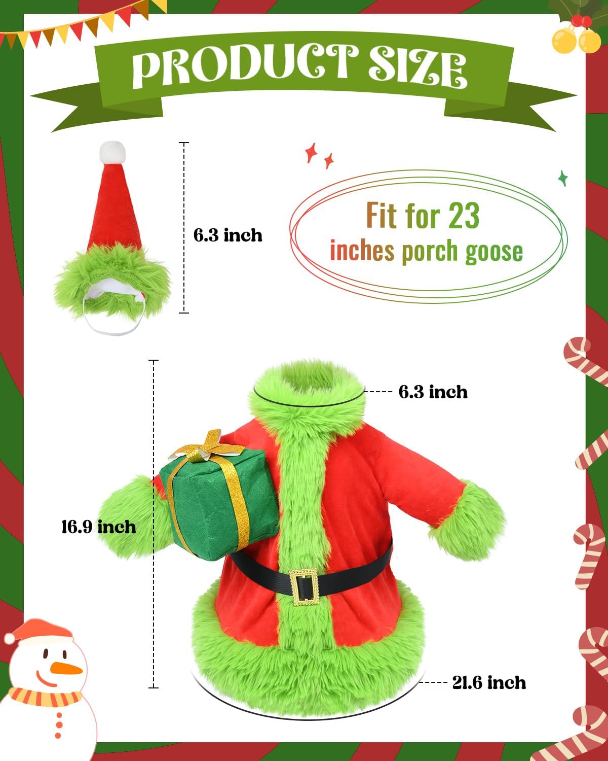 Christmas Porch Goose Outfits - Green Santa Claus Custome for 23 inch Porch Goose, Christmas Outdoor Decor for Lawn, Yard & Garden