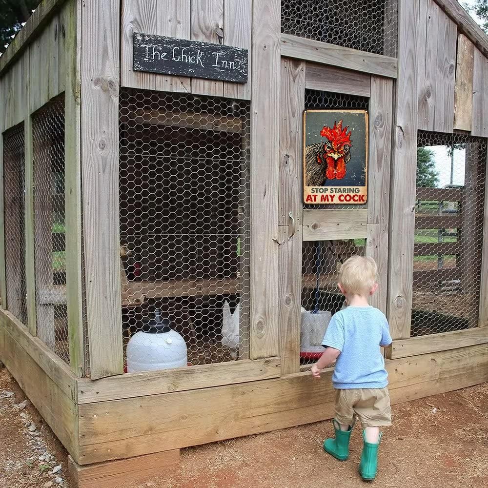 Funny Chicken Stop Staring My Cock Tin Sign for Farm Chicken Coop Farmhouse Kitchen Vintage Wall Decor 8x12 Inch (3058)