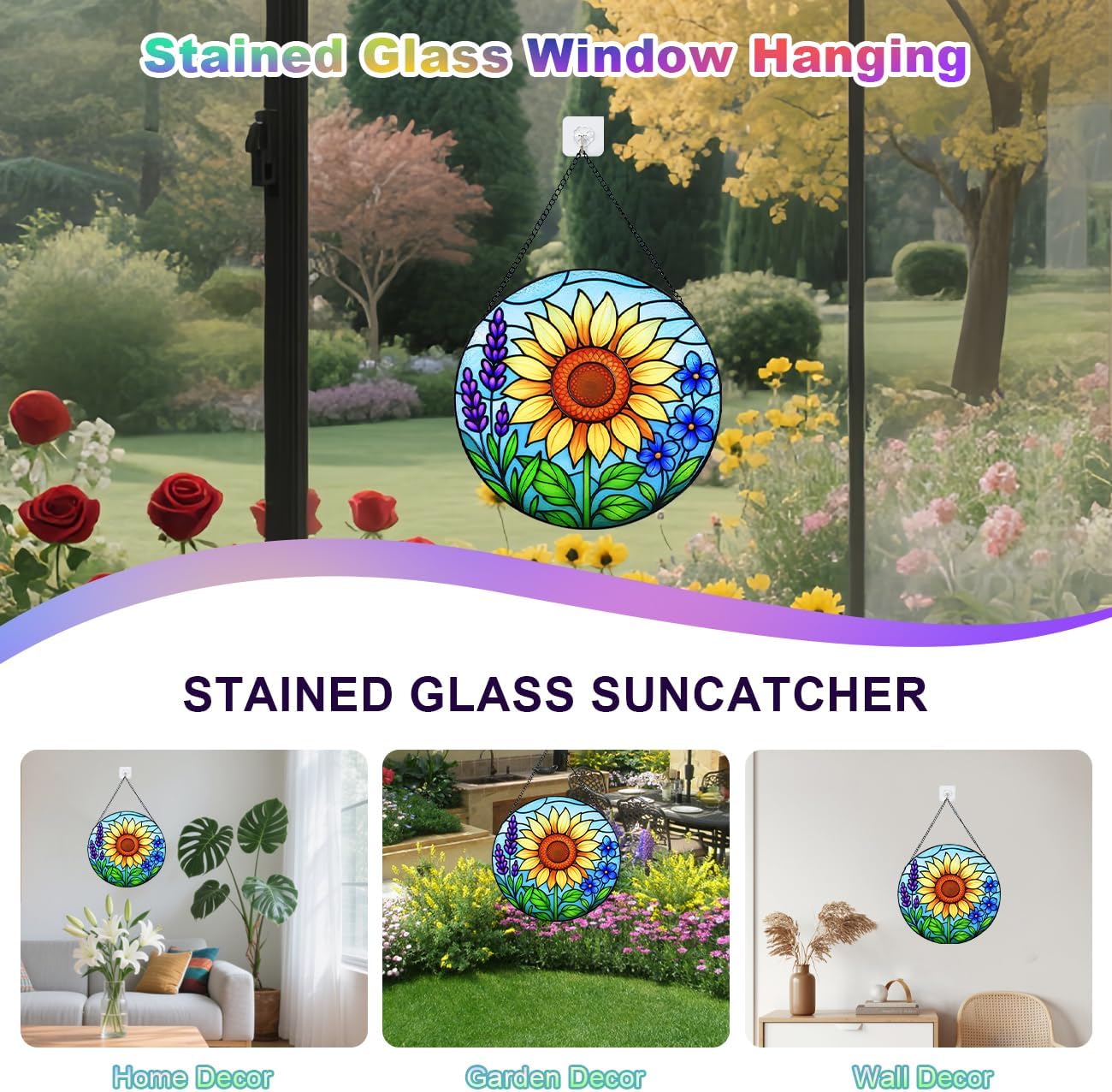 Sunflower Stained Glass Window Hanging – Round Sunflower Suncatcher for Window, Garden or Home Decor – Bright Floral Glass Panel Ornament (12 Inch)
