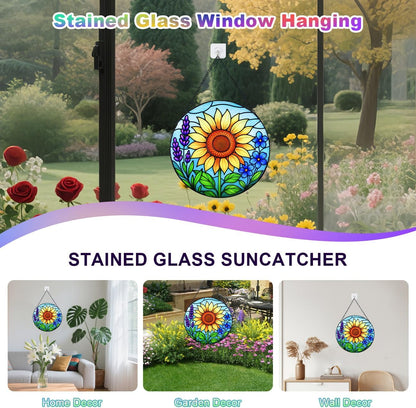 Sunflower Stained Glass Window Hanging – Round Sunflower Suncatcher for Window, Garden or Home Decor – Bright Floral Glass Panel Ornament (12 Inch)