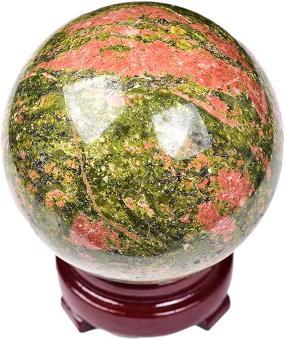 JIC Gem Unakite Stone Crystal Sphere Ball with Decorative Stand Quartz Crystal Ball Healing Gemstone Sphere for Fengshui Reiki Decor (50-60mm)