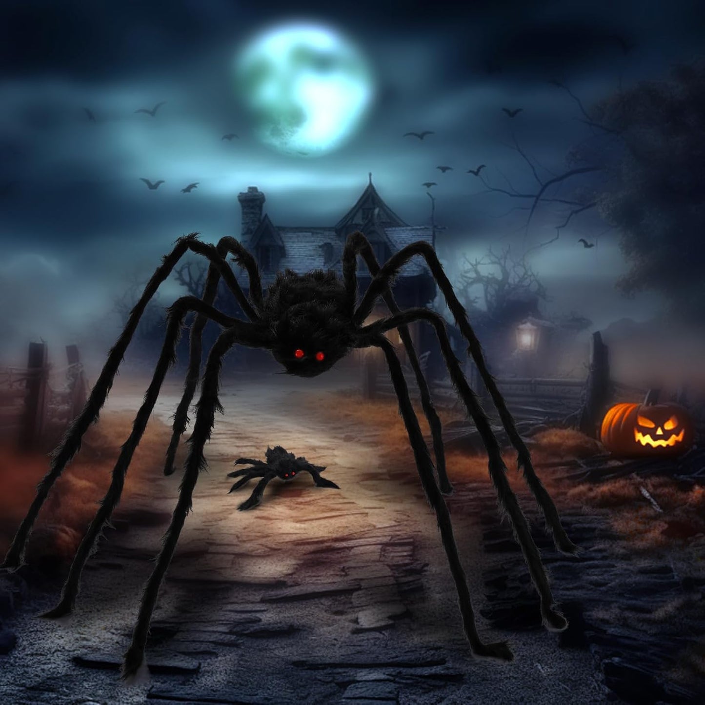 2 Pcs 59" Giant Halloween Spider+11.8" Baby Spider+212" Giant Spider Web, Large Halloween Yard Lawn Holiday Decor