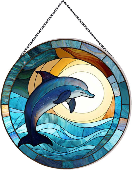 Dolphin Pattern Suncatcher Stained Glass,Hanging Stained Glass for Windows,20cm/7.87inch
