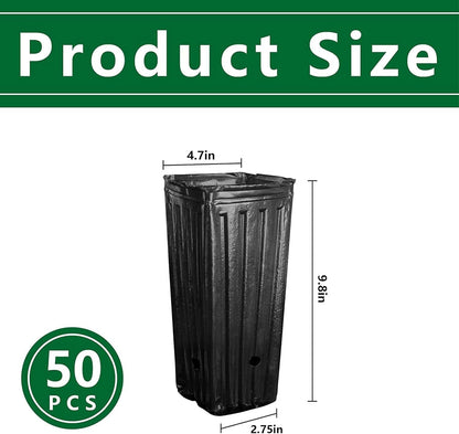 RunNico 50pcs Plastic Deep Plant Nursery Pots, 9.8”Tall Tree Pots,Black Deep Seedling Container Pots with Drainage Holes for Indoor Outdoor Gardening (4.7" Wx9.8 H)