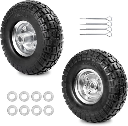 4.10/3.50-4 Tire Wheels Flat Free 10" Heavy Duty Solid Flat-Free Replacement Tire with 5/8 Axle Compatible with Gorilla Carts, Wheelbarrow, Dolly, Hand Truck (2-Pack)