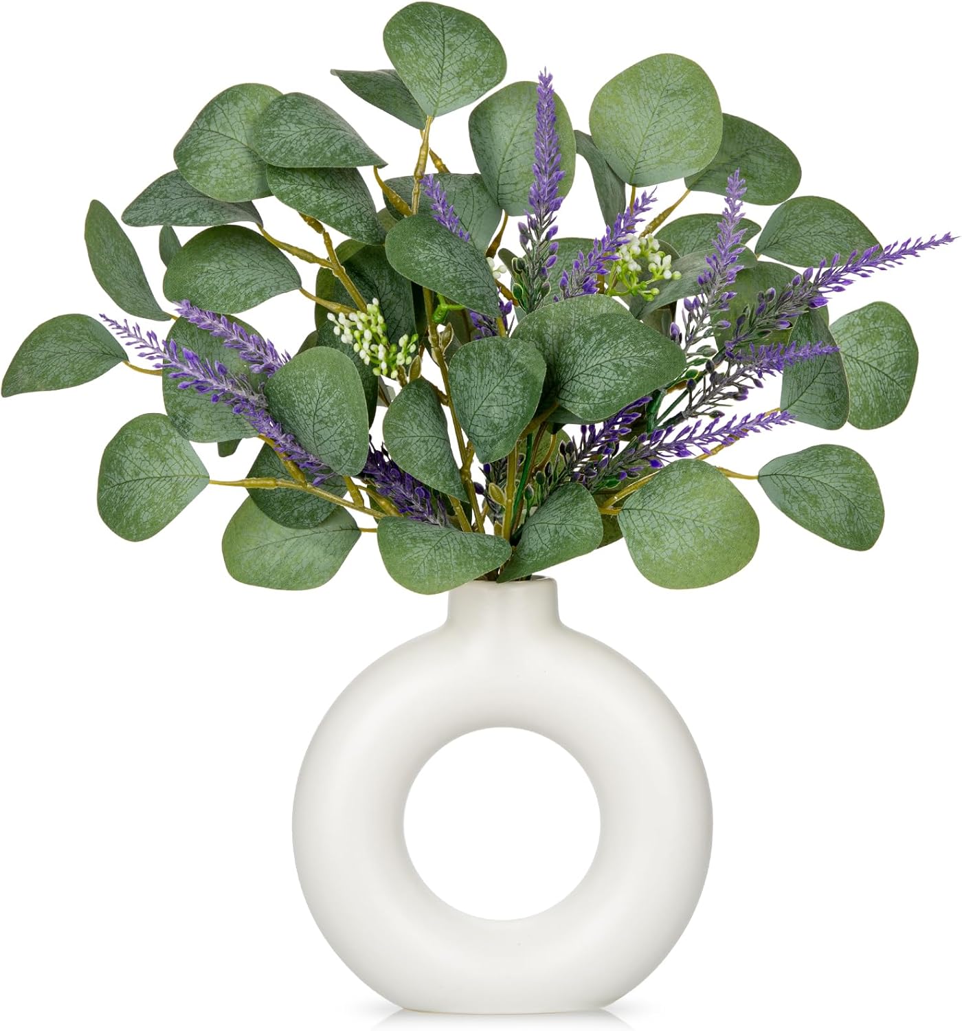 Artificial Eucalyptus Stems in Ceramic Vase 14.23" Fake Eucalyptus Plant Decor White Donut Vase with Greenery Centerpiece Table Decorations Small Faux Green Plant for Home Farmhouse Wedding Table