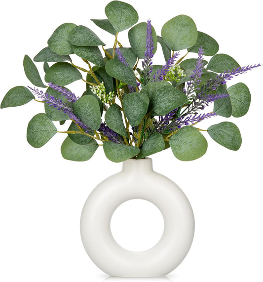 Artificial Eucalyptus Stems in Ceramic Vase 14.23" Fake Eucalyptus Plant Decor White Donut Vase