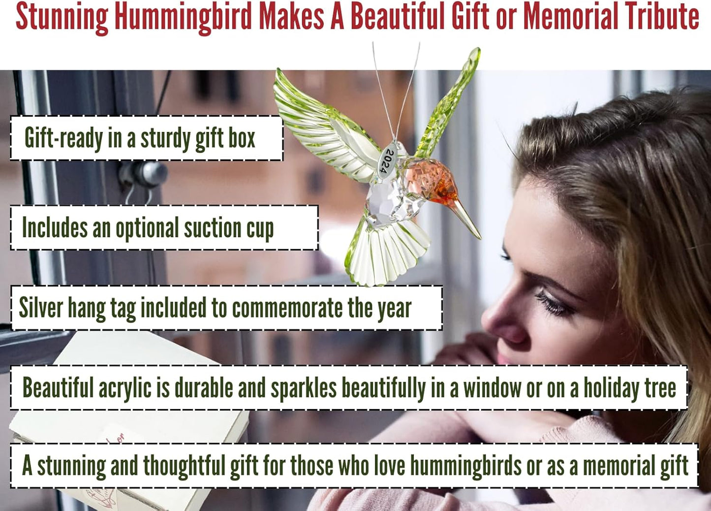 Crystal Suncatcher With Prism - 2025 Red-Throated Hummingbird Acrylic Ornament, Stunning Memorial Suncatcher, Includes Suction Cup, 2025 Hangtag and Gift Box