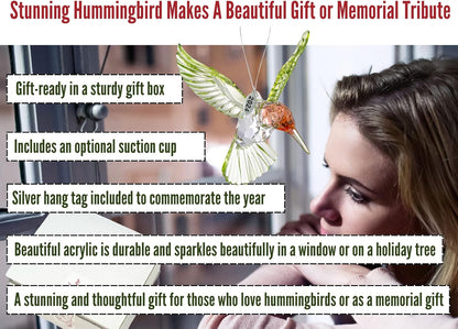 Crystal Suncatcher With Prism - 2025 Red-Throated Hummingbird Acrylic Ornament, Stunning Memorial Suncatcher, Includes Suction Cup, 2025 Hangtag and Gift Box