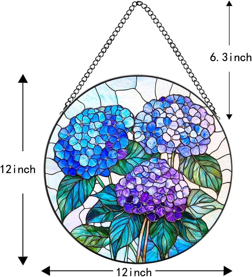 Handmade Hydrangea Flower Stained Glass Suncatcher - Vibrant Window Décor for Home/Garden,Gift-Ready Sun Catcher Art with Hook (Blue, 7.8 * 7.8IN)