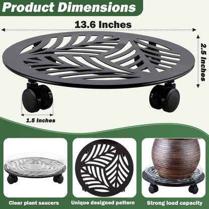 2 Packs Large Metal Plant Caddy with PU Wheels 13.6" Heavy-duty Wrought Iron Rolling Plant Stands Indoor Outdoor Wheeled Plant Dolly Planter Mover Rollers Plant, Leaf Style