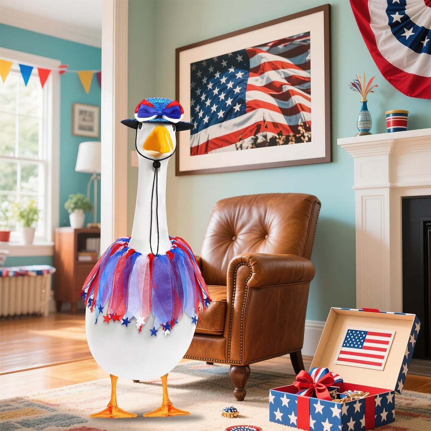 Independence Day Goose Outfit, 2 Pcs Set Hat and Tulle Ballet Skirt for 23" 17" Cement Statue Lawn Goose Clothes Costumes 4th of July Goose Outfit for Party Outdoor Patio Yard Lawn Decor