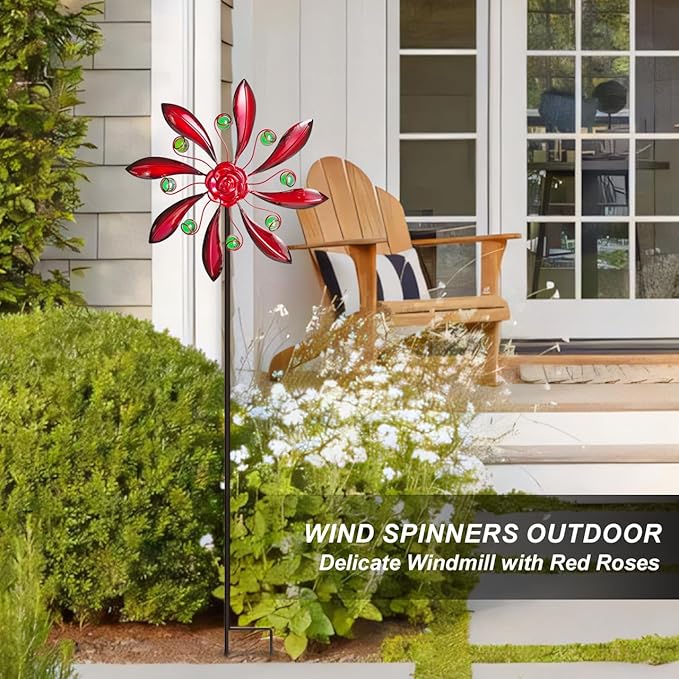 Rose Outdoor Metal Wind Spinner, Single-Layer Kinetic Garden Art with Vibrant Red Finish - Weatherproof Wind Sculpture for Lawn, Patio, Yard Decor - 10''W x 36''H