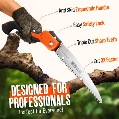 9-Inch Folding Camping Saw - Heavy Duty Pruning Saw with Triple-Cut SK5 Blade, 7 TPI Razor Teeth for Tree Trimming, Wood Cutting, Camping, Bushcraft, and Gardening Work