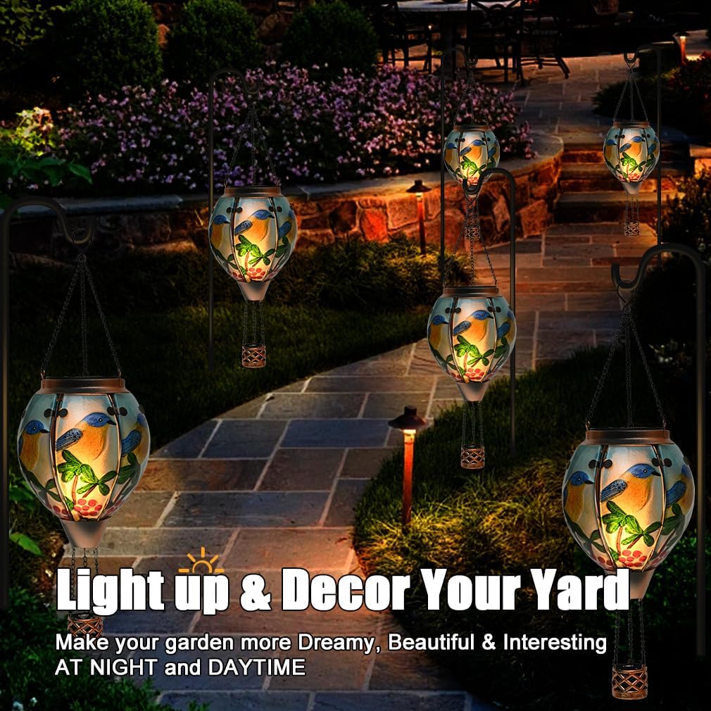 Hot Air Balloon Solar Lantern - Bluebird Glass Lantern, Simulated Flickering & Dancing Flame, Outdoor Hanging Yard Light Waterproof IP65 for Patio Lawn Porch Decor Gift