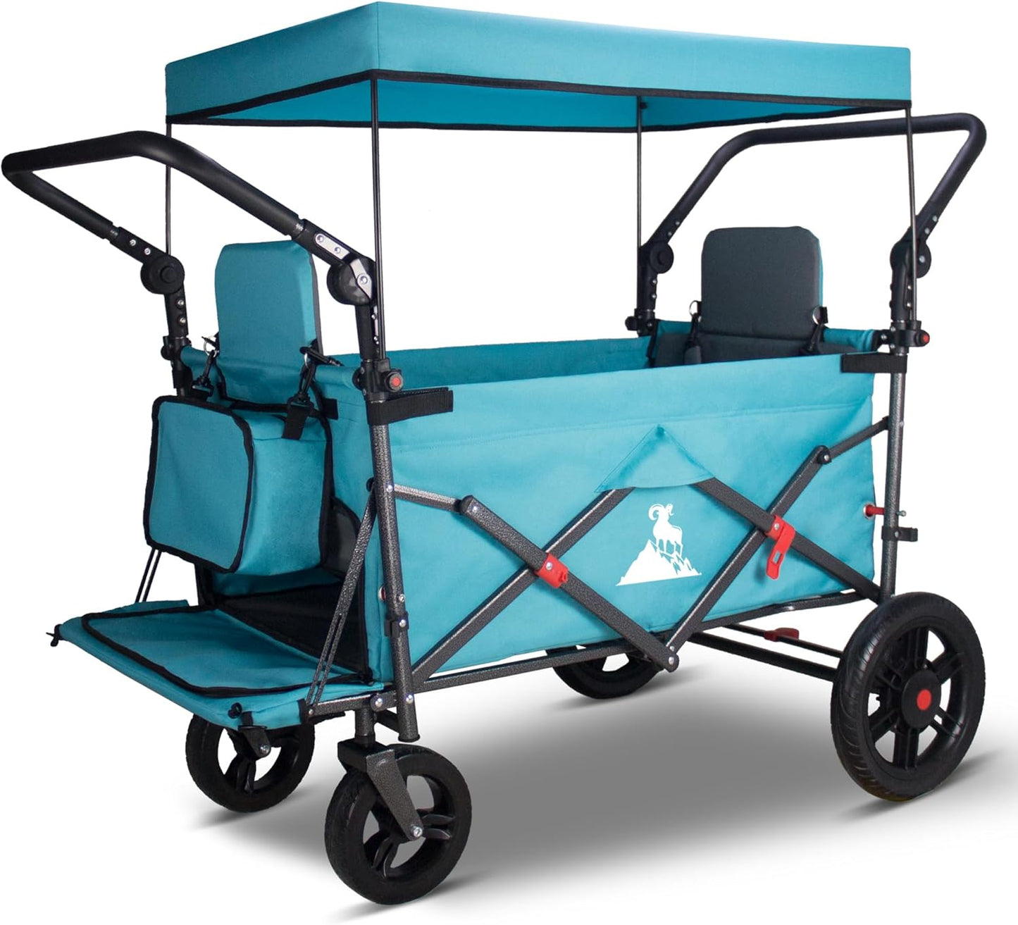 Foldable Wagon with Canopy - Collapsible Utility Cart with 2 Seats & Belts, Adjustable Handle, Expandable Front for Camping, Picnic, Shopping (Turquoise/Grey)