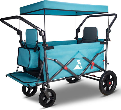 Foldable Wagon with Canopy - Collapsible Utility Cart with 2 Seats & Belts, Adjustable Handle, Expandable Front for Camping, Picnic, Shopping (Turquoise/Grey)