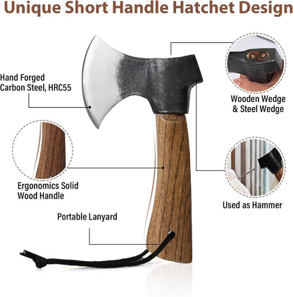 Small Camping Axe with Leather Sheath, 8.46" Backpacking Hatchet with Wooden Handle, Splitting Axe for Jungle, Gardening, Hunting, Survival