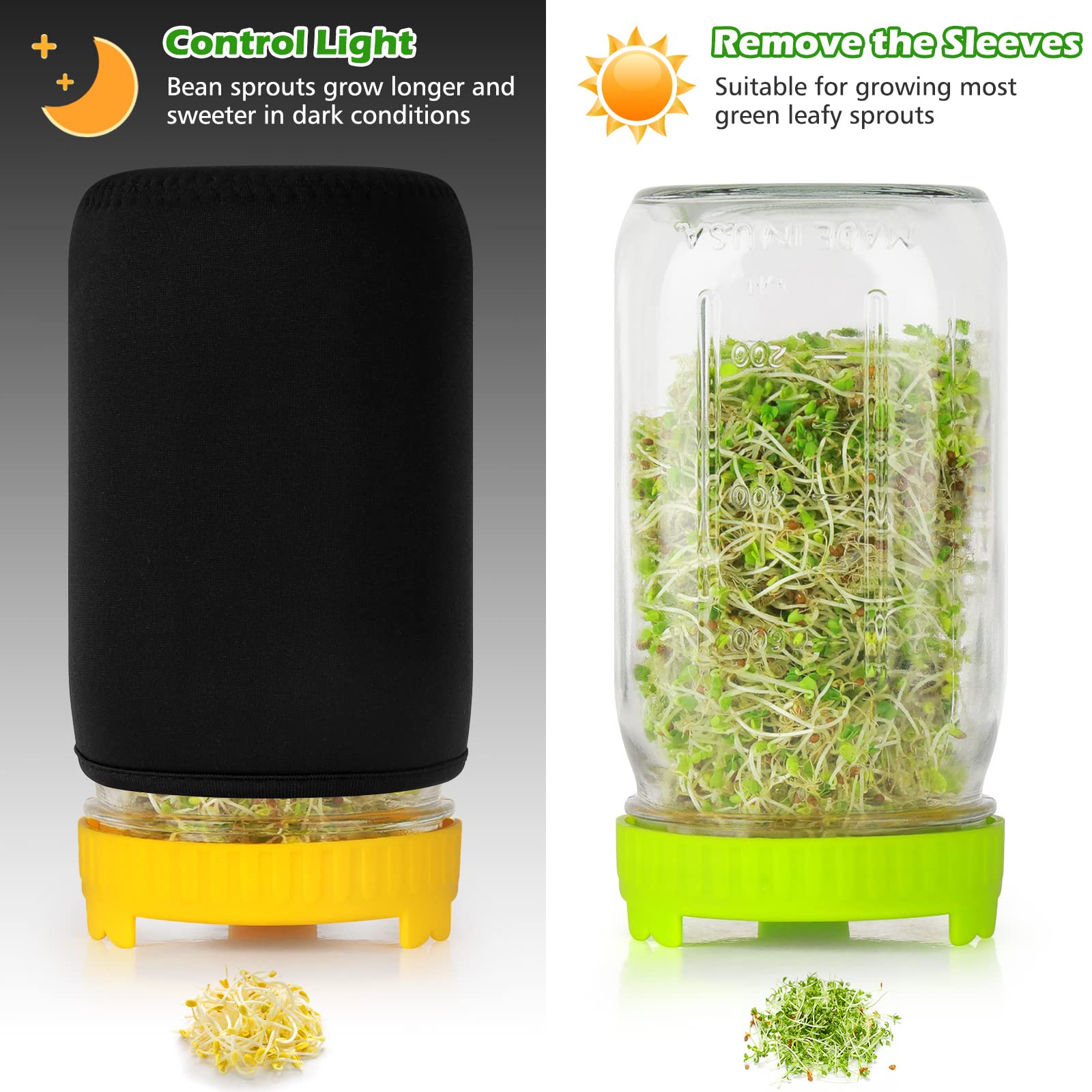 Kitmiido Seed Sprouting Kit, 2 Large Wide Mouth Mason Jars with Sprout Lids, Blackout Sleeves