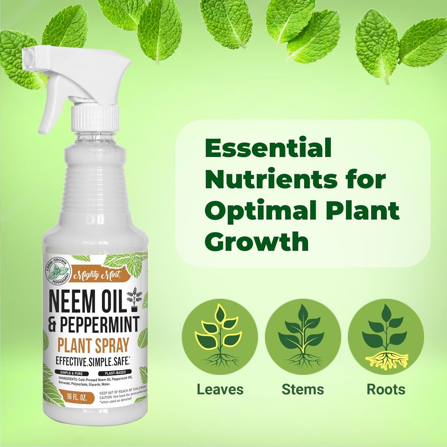 Mighty Mint Neem Oil & Peppermint Plant Nutrient Spray – Natural Leaf Shine for Indoor & Outdoor Use – Plant-Based Formula for Stronger, Healthy Plants - 16 oz