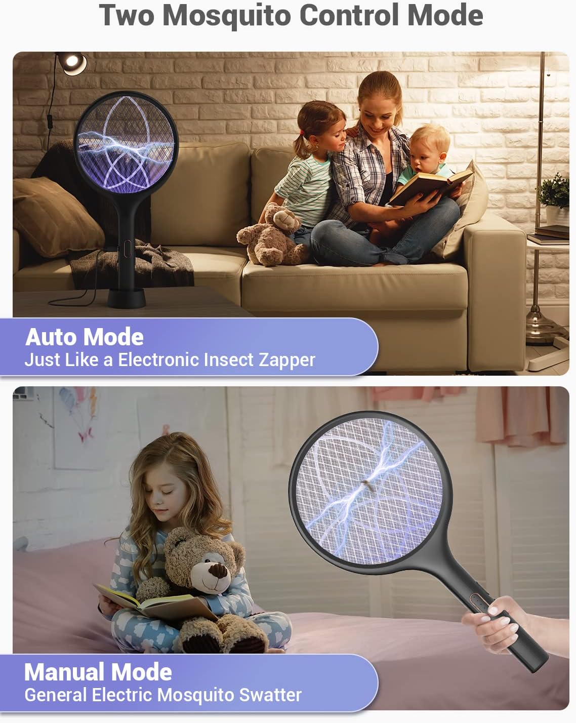 YISSVIC Electric Fly Swatter Bug Zapper Racket 4000V LED Screen Dual Modes Fly Zapper Rechargeable for Indoor Home Office Backyard Patio Camping (Black-2 Pack)