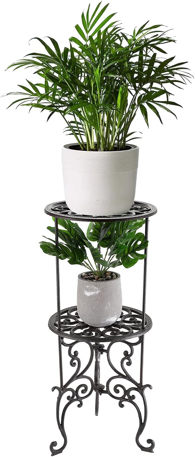 OwnMy Heavy Duty 2 Tiers Cast Iron Plant Stand, Vintage Iron Flower Pot Holder, 2 Layers Tall Decorative Potted Plants Stand Rack, Indoor Outdoor Large Plant Holder for Garden Patio, Retro-Brown