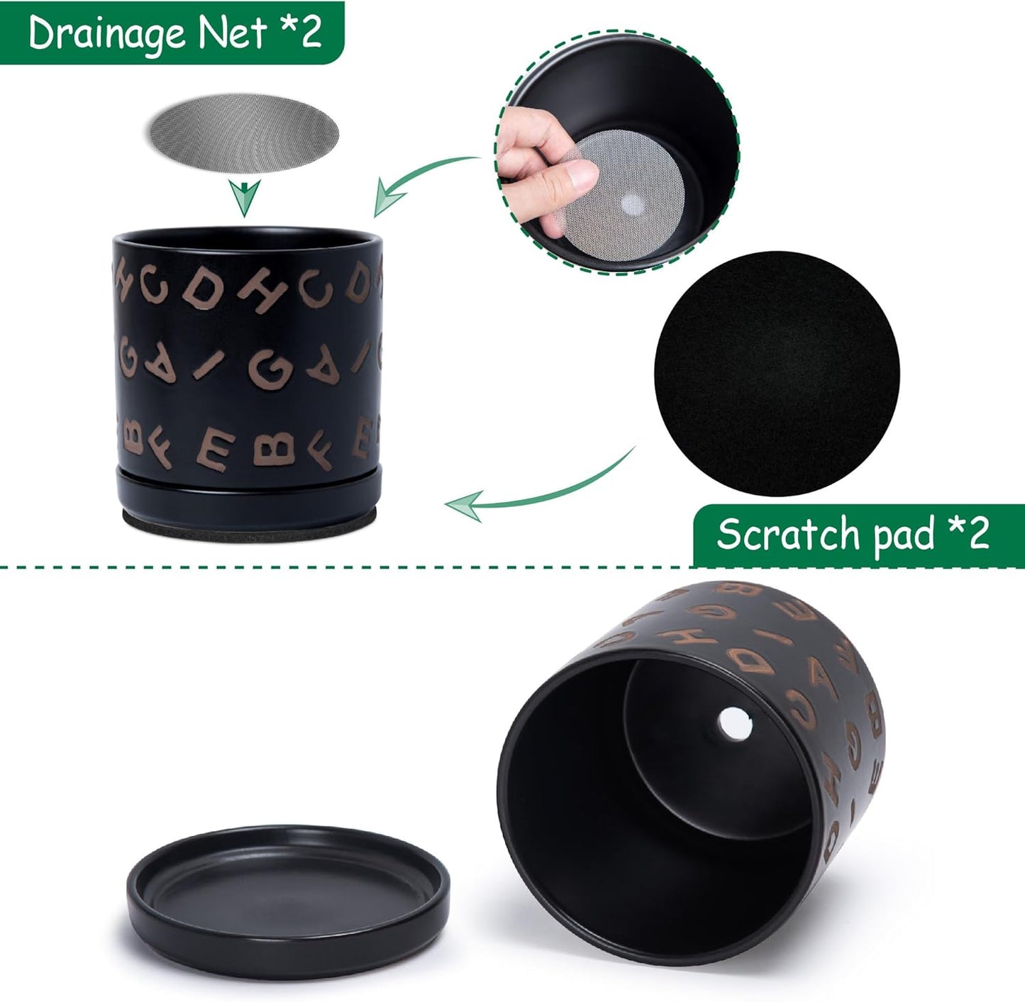 D'vine Dev Set of 2 Ceramic Planter Pots with Drainage Hole and Saucer, 6 Inch Plant Pots for Plants Indoor Houseplants, Black, 99-Z-G-2-Y