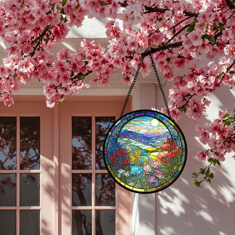 Floral Stained Glass Window Hanging, Suncatcher Ornament for Indoor Outdoor, Sea of Flowers Glass Ornament for Home Décor, Glasses Decoration Gifts for Birthday, Christmas, Wedding, Housewarming