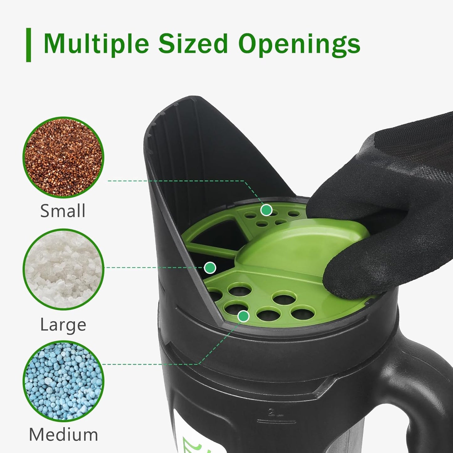 Hand held Spreader, Seed Spreader for Ice Melt, Grass Seed, Fertilizer Lawn and Garden. Multiple Adjustable Opening Sizes for Salt,Ice Melt, Up to 80 Oz