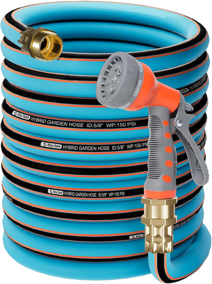 Upgraded Kink Free Hybrid Garden Hose 75ft 5/8", Thickened Heavy Duty Water Hose with Brass Solid Connector，Lightweight Flexible Tough Rubber Hose with Nozzle,Durable Yard Outdoor Hose