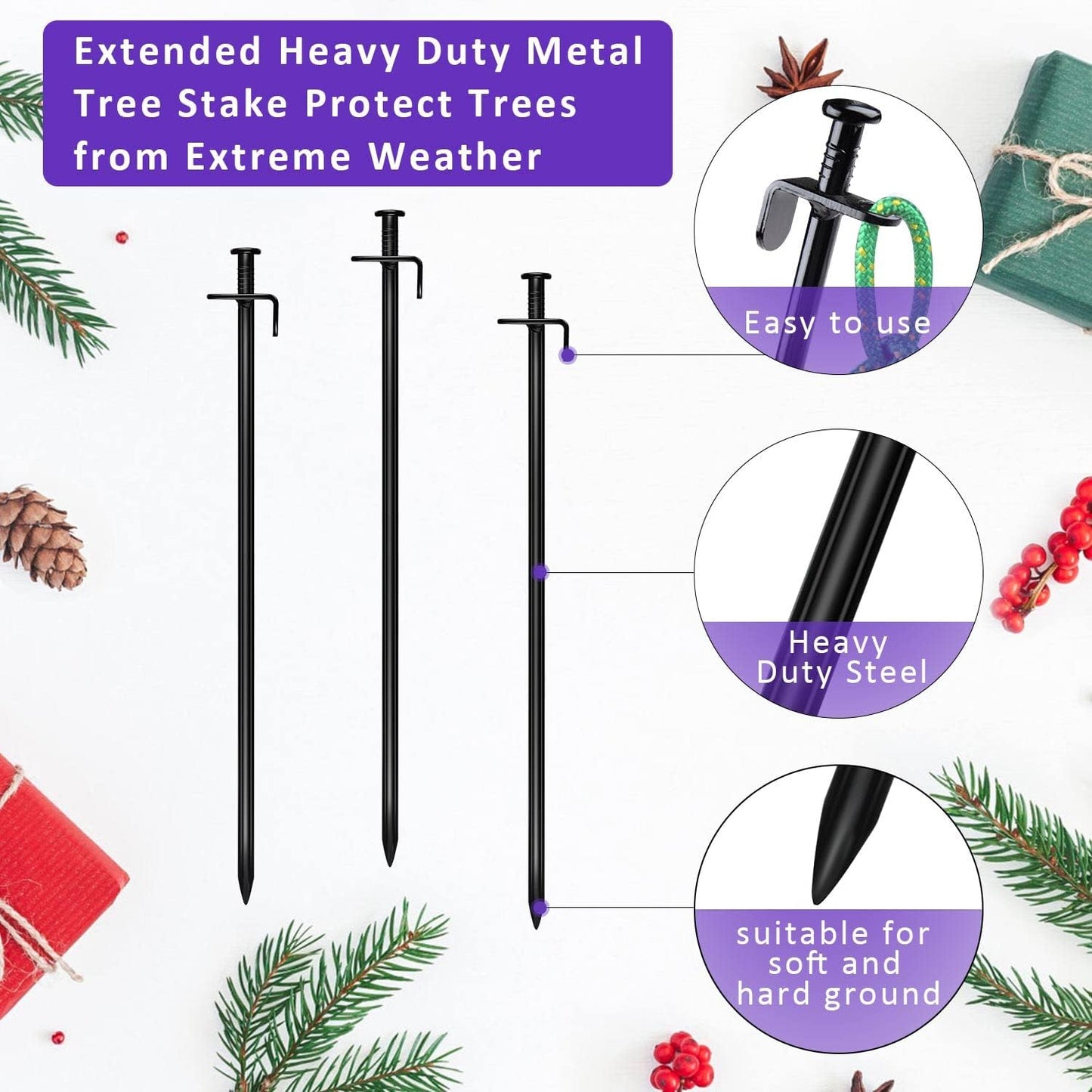 15.8-Inch Extra-Long Heavy Duty Steel Tree Stake Kits,Tree Staking and Support Kits for Young Tree Against Bad Weather,Include 3 PCS 15.8" Tree Straps, 3 PCS 15.8" Tree Stakes and 31.2 FT Rope