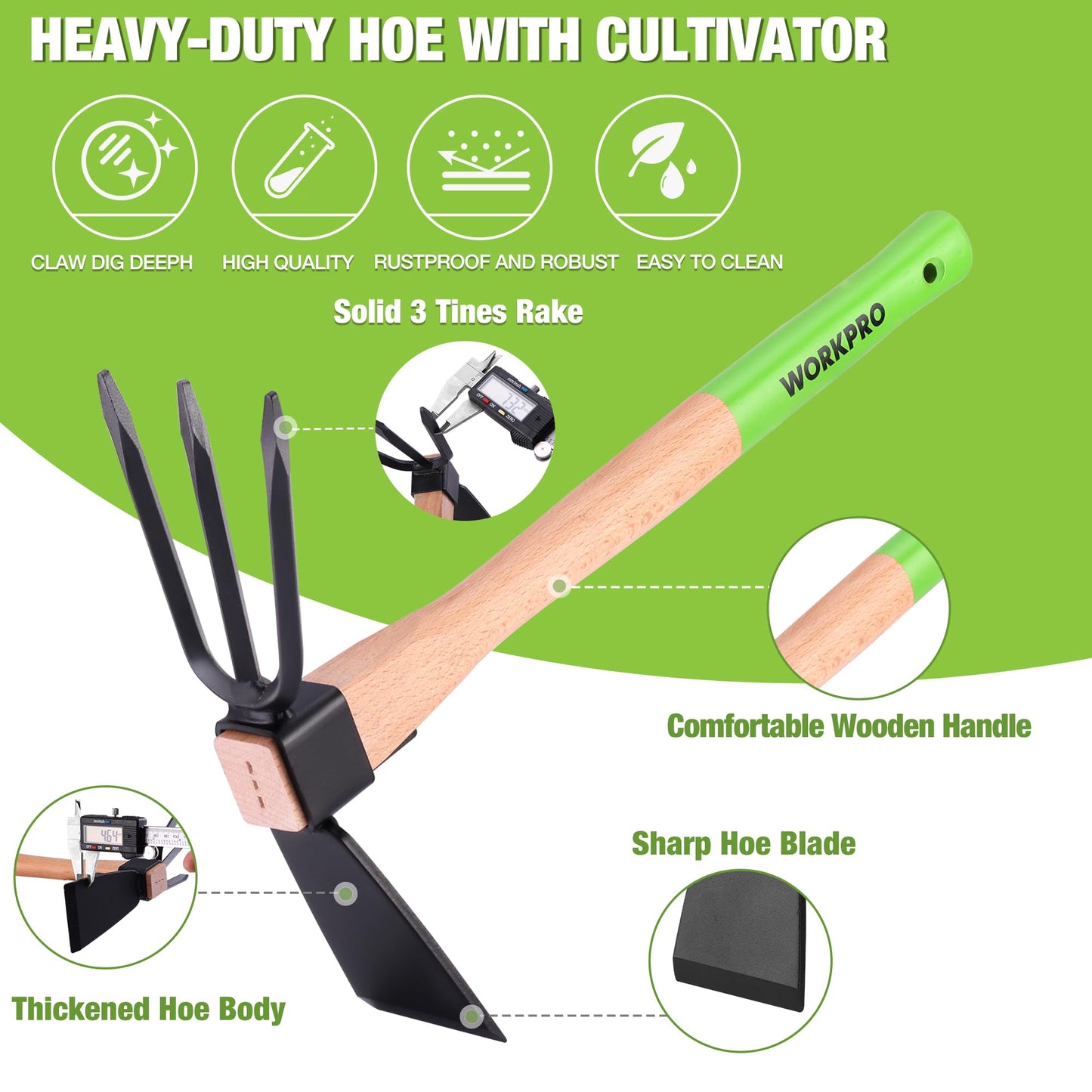 WORKPRO Hoe and Cultivator Garden Rake with 14" Wooden Handle