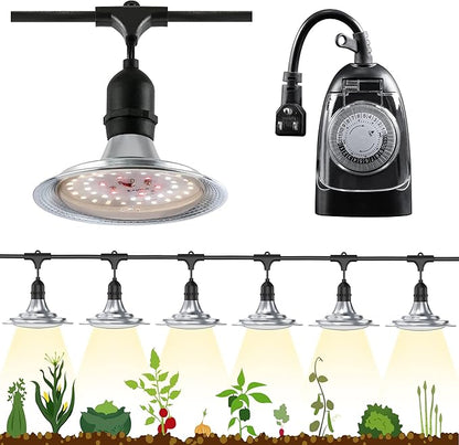 Espird Outdoor LED Grow Light with Timer, 6-Bulbs Full Spectrum Grow Light Strip, Waterproof Plant Lamps, UL Certified String Grow Lights for Greenhouse Garden, 21.3FT Light for Veg Seedling Flower