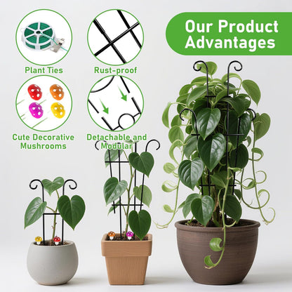 2 Pcs Large Trellis for Potted Plants, Expandable Rust-Proof Metal Garden Trellis, Wave-Shaped Plant Trellis Indoor and Outdoor with 20 Meters Plant Ties and 4 Adorable Decorative Mushrooms (Black)