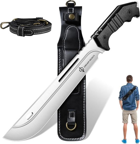 Dream Reach Heavy Duty Machete - Portable Full Tang Outdoor Survival Knife with Sheath Strap for Camping Hiking Gift for Men 9.8 Inches