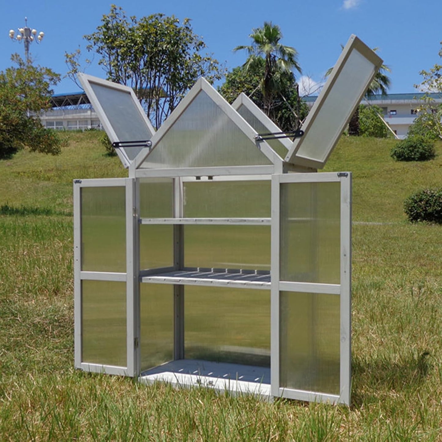 JOYBASE Wooden Mini Cold Frame Greenhouse for Outdoor with Adjustable Shelves, Opening Roof & Wall Mounts - Ideal for Patio, Balcony & Garden, Grey