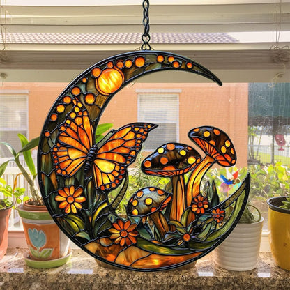 Cresent Forest Butterfly Acrylic Suncatcher Stained Glass Effect Window Car Hanging Christmas Ornament Indoor Outdoor Decor Garden Sun Catcher Panel for Boho Lover for Women Mom Grandma