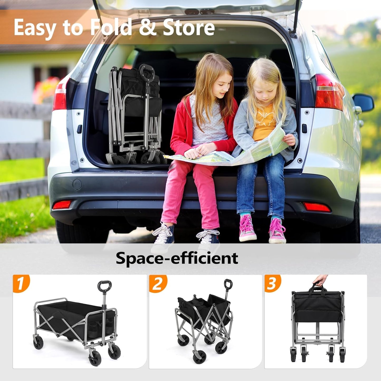Collapsible Wagon with Big Wheels for Sand, Grocery All-Terrain Wheels Garden Grocery Wagon for Shopping Park Picnic, Camping, Beach Trip