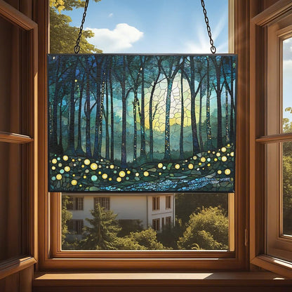 Personalized Rectangle Boho Firefly Forest Suncatcher Stained Glass Window Hangings Sun Catchers Colorful Ornament Gifts for Women Mom Wife Halloween Christmas Housewarming