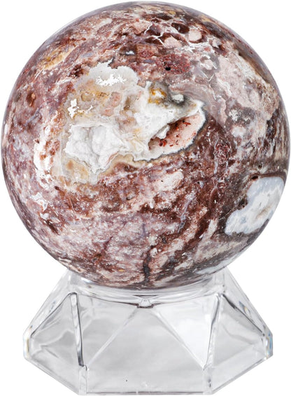 Natural Mexican Agate Crystal Ball with Acrylic Display Base, 61-70mm Polished Stone Feng Shui Crystal Sphere Meditation Decoration for Home & Office