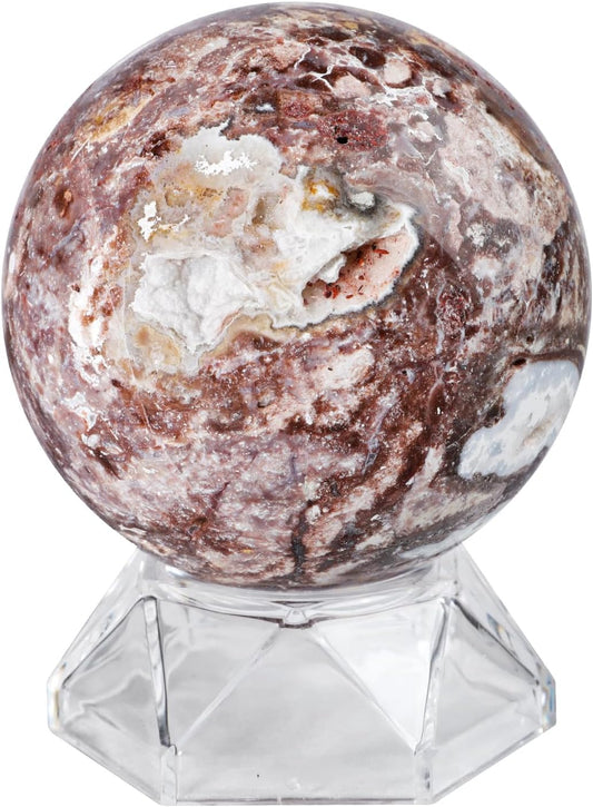 Natural Mexican Agate Crystal Ball with Acrylic Display Base, 61-70mm Polished Stone Feng Shui Crystal Sphere Meditation Decoration for Home & Office