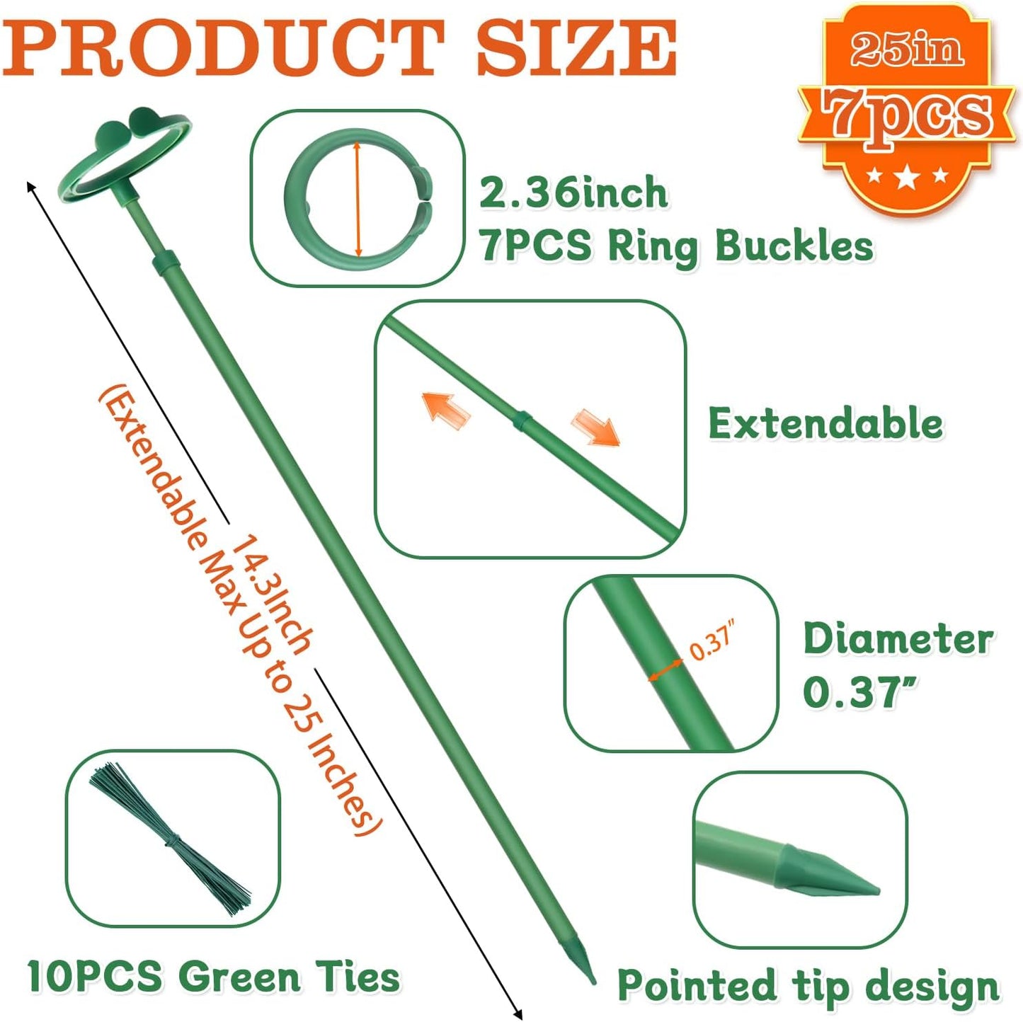 Extendable Plant Stakes,Adjustable Length from 14.3IN to 25IN Monstera Support Stakes with Clips,Sturdy Plant Stakes for Indoor Outdoor,Garden Sticks for Orchid,Tomato,Climbing Plants- 7Pack