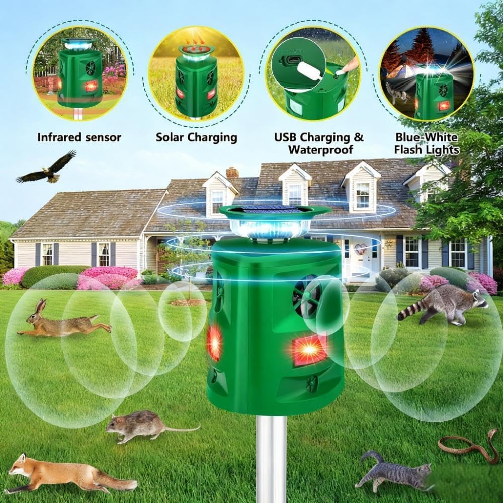 360°Solar Ultrasonic Animal Repellent, Deer Repellent Devices Cat Repellent Outdoor, Waterproof Squirrel Raccoon Rabbit Skunk Dog & Bird Deterrent with Motion Sensor & Flashing Light for Garden Yard