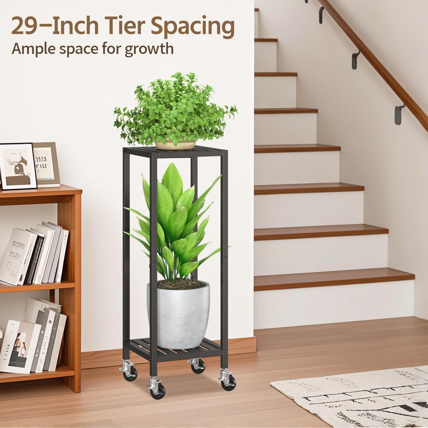 LASZOLA 2 Tier Black Metal Plant Stand Indoor Outdoor with Wheel for Large Planter, Modern Heavy Duty Tall Rolling Rack for Corner House Bathroom Patio Floor, Iron Flower Shelf Holder for Orchid Fern