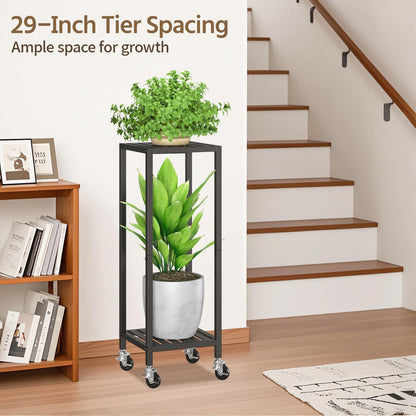 LASZOLA 2 Tier Black Metal Plant Stand Indoor Outdoor with Wheel for Large Planter, Modern Heavy Duty Tall Rolling Rack for Corner House Bathroom Patio Floor, Iron Flower Shelf Holder for Orchid Fern