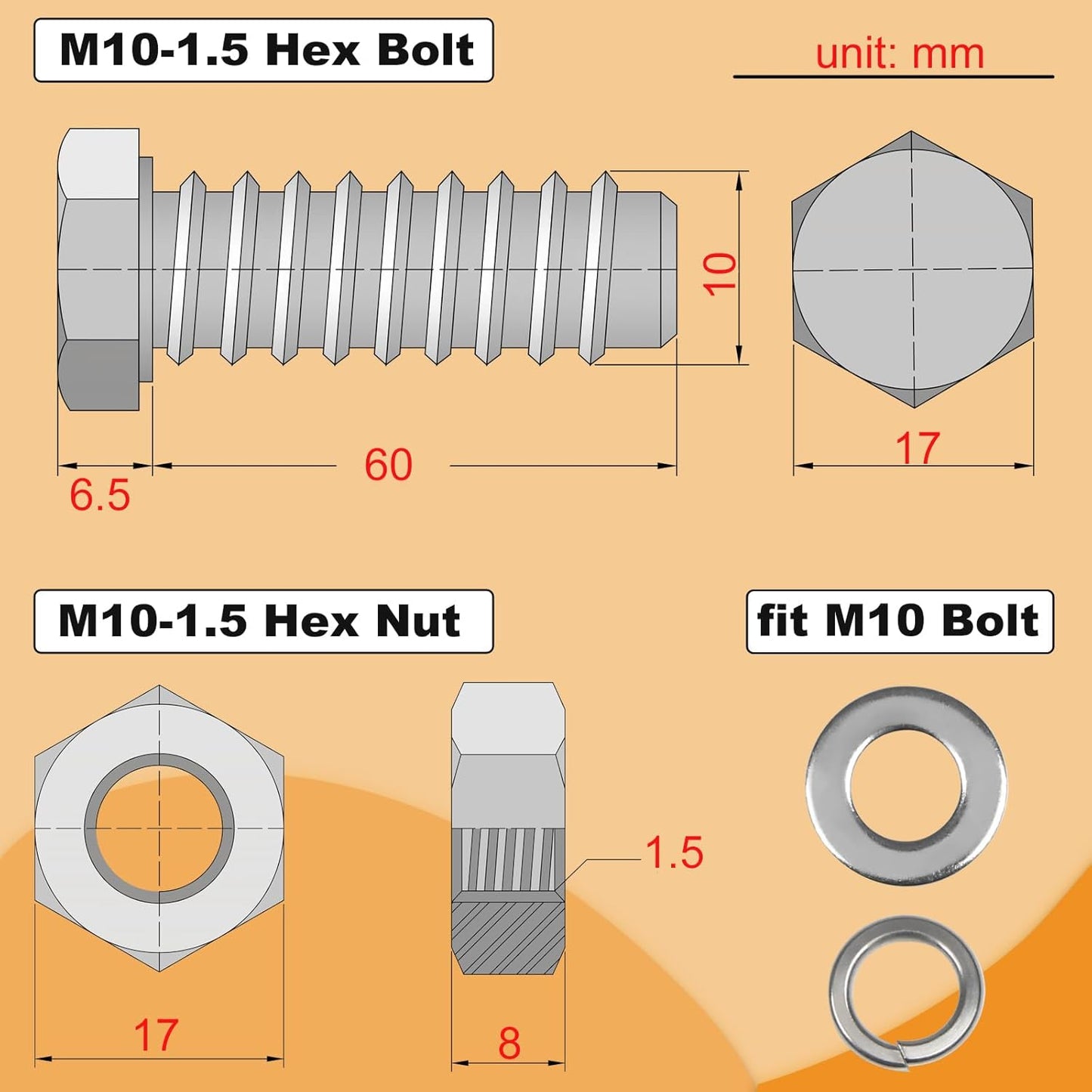 M10 Hex Bolts and Nuts Set, M10x60mm Fully Thread Bolt, M10-1.25mm Hexagon Nut with Flat Washers, Spring Washers 304 Stainless Steel Fastener Set for Caster Wheels Assembly 4 Sets