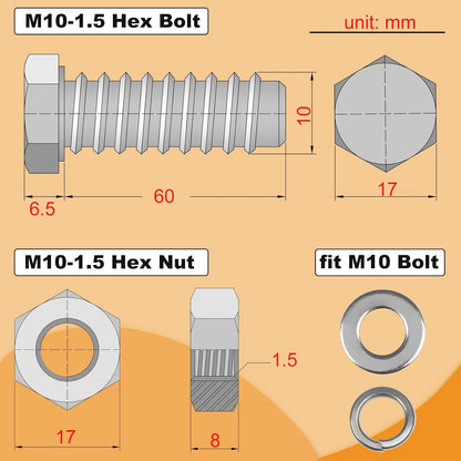 M10 Hex Bolts and Nuts Set, M10x60mm Fully Thread Bolt, M10-1.25mm Hexagon Nut with Flat Washers, Spring Washers 304 Stainless Steel Fastener Set for Caster Wheels Assembly 4 Sets