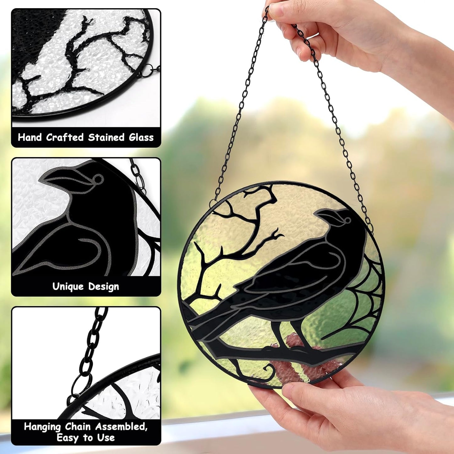 Raven Stained Glass Suncatcher Window Hanging Decoration, Halloween Gothic Black Crow Glass Ornament for Window, Home, Kitchen, Living Room Decor