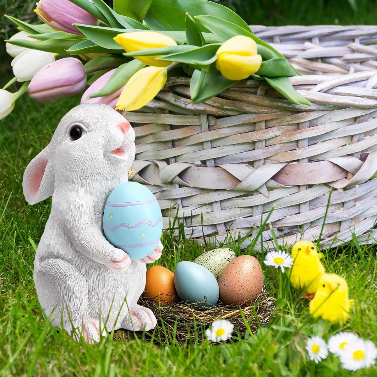 Solar Easter Rabbit Garden Statues Bunny Figurine Outdoor Easter Decorations Resin Bunny Statue with Egg Changing LED Lights for Porch Patio Lawn Yard Gardening Gifts for Mom Grandma