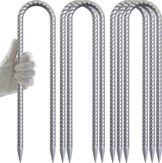 AAGUT 12 Inch Trampoline Stakes 6 Pack 3/8" U Shaped Rebar Ground Anchors Heavy Duty High Winds